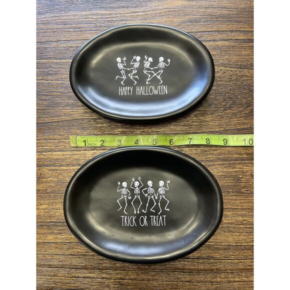 Rae Dunn Artisan Collection Black Halloween Skeleton Oval Dishes lot of 2 - Picture 5 of 5